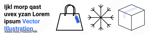 Shopping bag with tag, symmetrical snowflake, and cube box. Ideal for retail, e-commerce, winter sales, holiday marketing, shipment, minimal design flat landing page banner