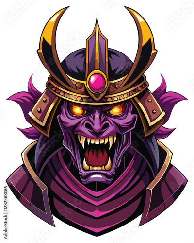 A terrifying digital painting of a samurai helmet grotesquely fused with a screaming soul, demonic details, dark fantasy, cursed artifact.