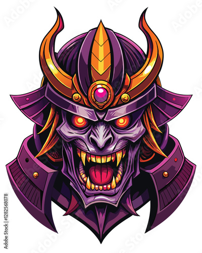 A terrifying digital painting of a samurai helmet grotesquely fused with a screaming skull, rendered in dark, vibrant colors; showcasing intricate details.