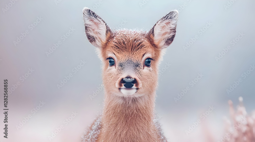 Obraz premium Young fawn looking directly at the camera in a misty winter field.