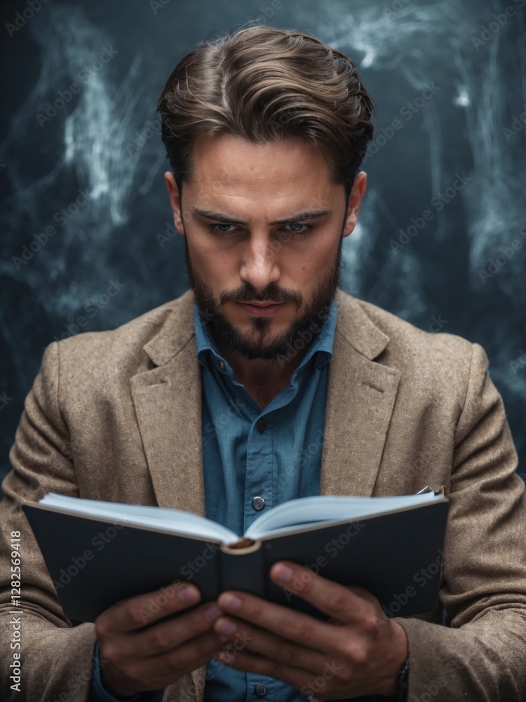 Intense Man Reading Book in Beige Blazer and Blue Shirt Intense Man Reading Book in Beige Blazer and Blue Shirt