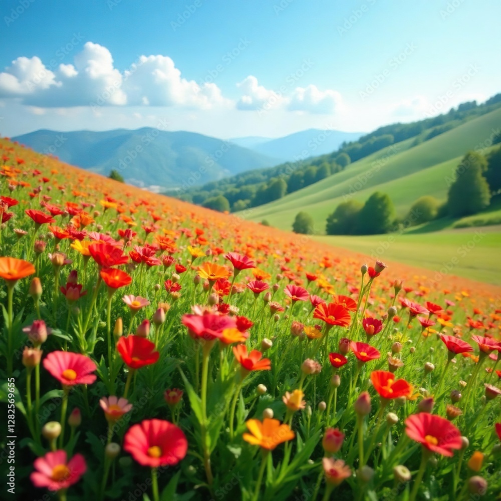 Field of blooming karvi flowers on a low-lying hillside, blooming season, karvi flowers, low hills Field of blooming karvi flowers on a low-lying hillside, blooming season, karvi flowers, low hills