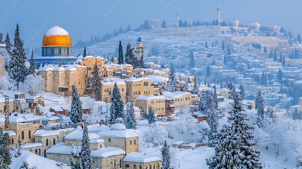 Fototapeta premium Snowy Jerusalem Dome winter sunrise