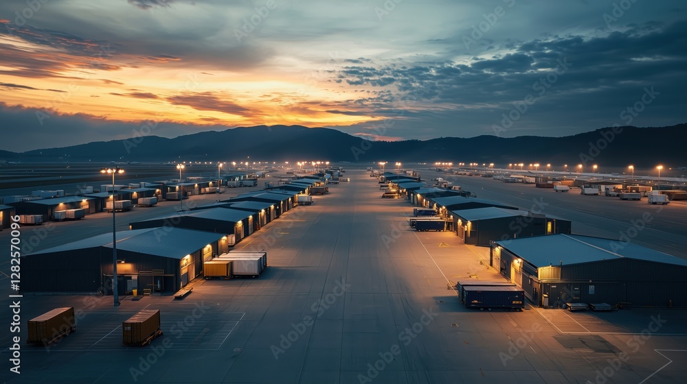 Obraz premium Aerial View of Shipping Containers and Warehouses at Dawn on a Global Trade Hub with Vibrant Sky and Industrial Infrastructure