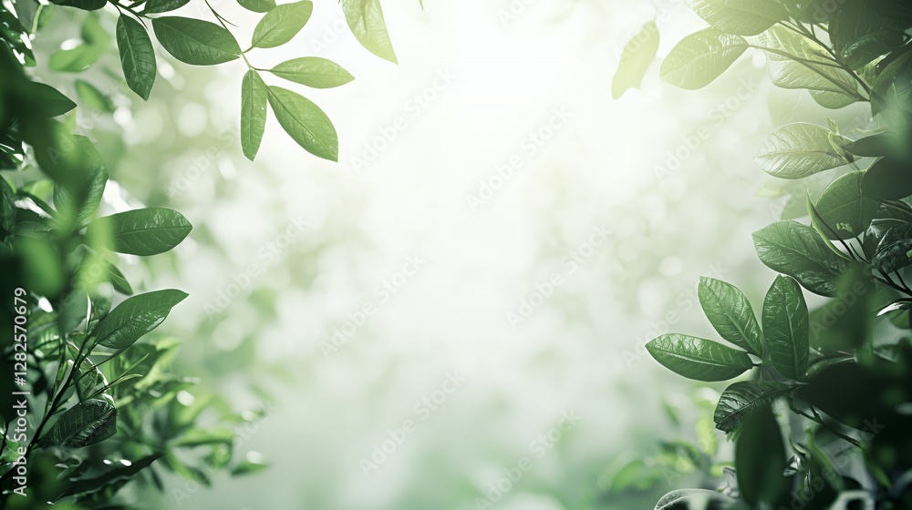 Lush Green Leaves with Sunlight in a Misty Forest Lush Green Leaves with Sunlight in a Misty Forest