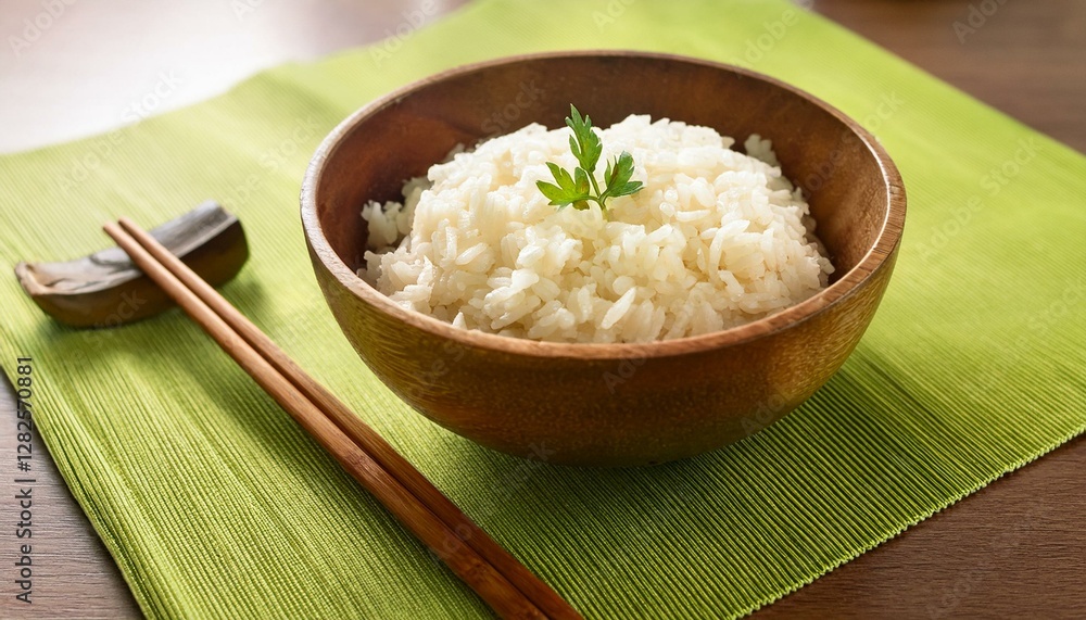 木製のお椀に盛られたたけのこご飯、淡いグリーンのテーブルクロスに包まれる春の味覚
