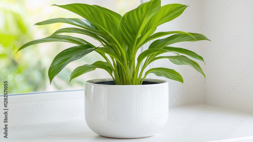 Peace lily plant in white pot on windowsill. Indoor greenery. Possible use Home decor, office, or online shop Peace lily plant in white pot on windowsill. Indoor greenery. Possible use Home decor, office, or online shop