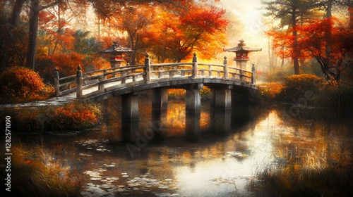 Autumnal Bridge Reflection in a Japanese Garden