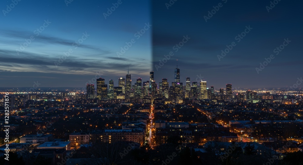 Fototapeta premium Urban dichotomy city skyline nightscape contrasting economic conditions