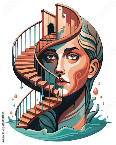 Surreal digital painting of a human face melting into a spiraling staircase, descending into an abyss.  High detail, vibrant colors.