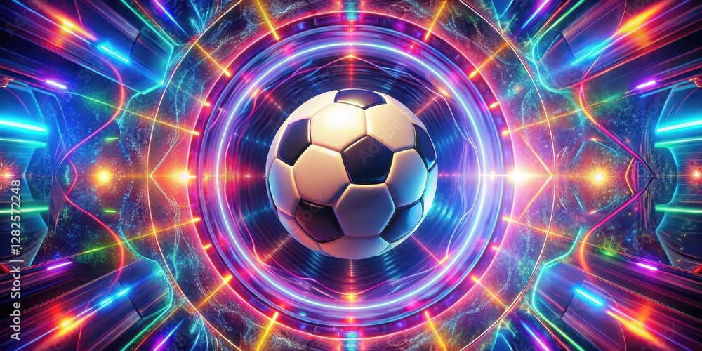 Fototapeta premium Vortex energy swirling around a glowing soccer ball in a kaleidoscope background with geometric shapes and neon lights, vortex, vibrant colors