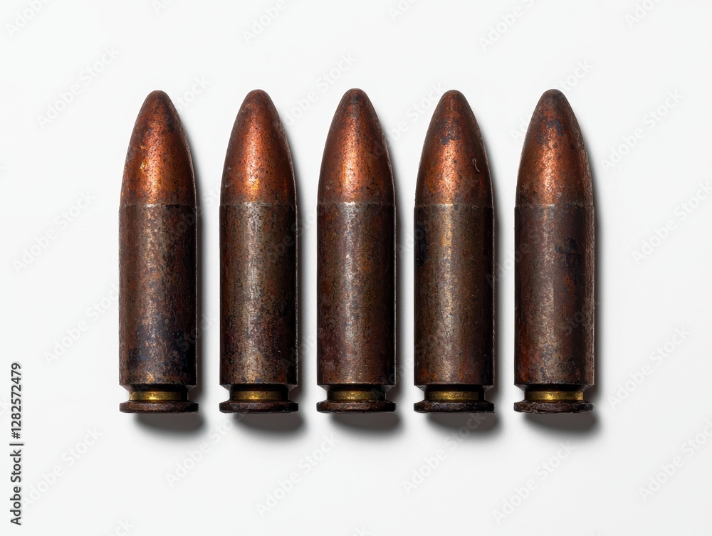 Five old bullets in a row on a white background. Five old bullets in a row on a white background.