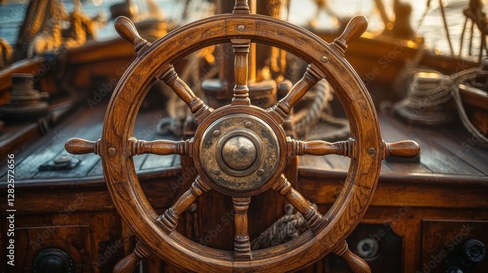 Fototapeta premium Antique wooden ship's wheel at sunset