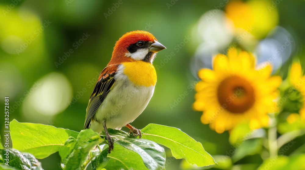 Fototapeta premium Exotic bird perched on green leaves with sunflower backdrop, showcasing vibrant colors and serene atmosphere