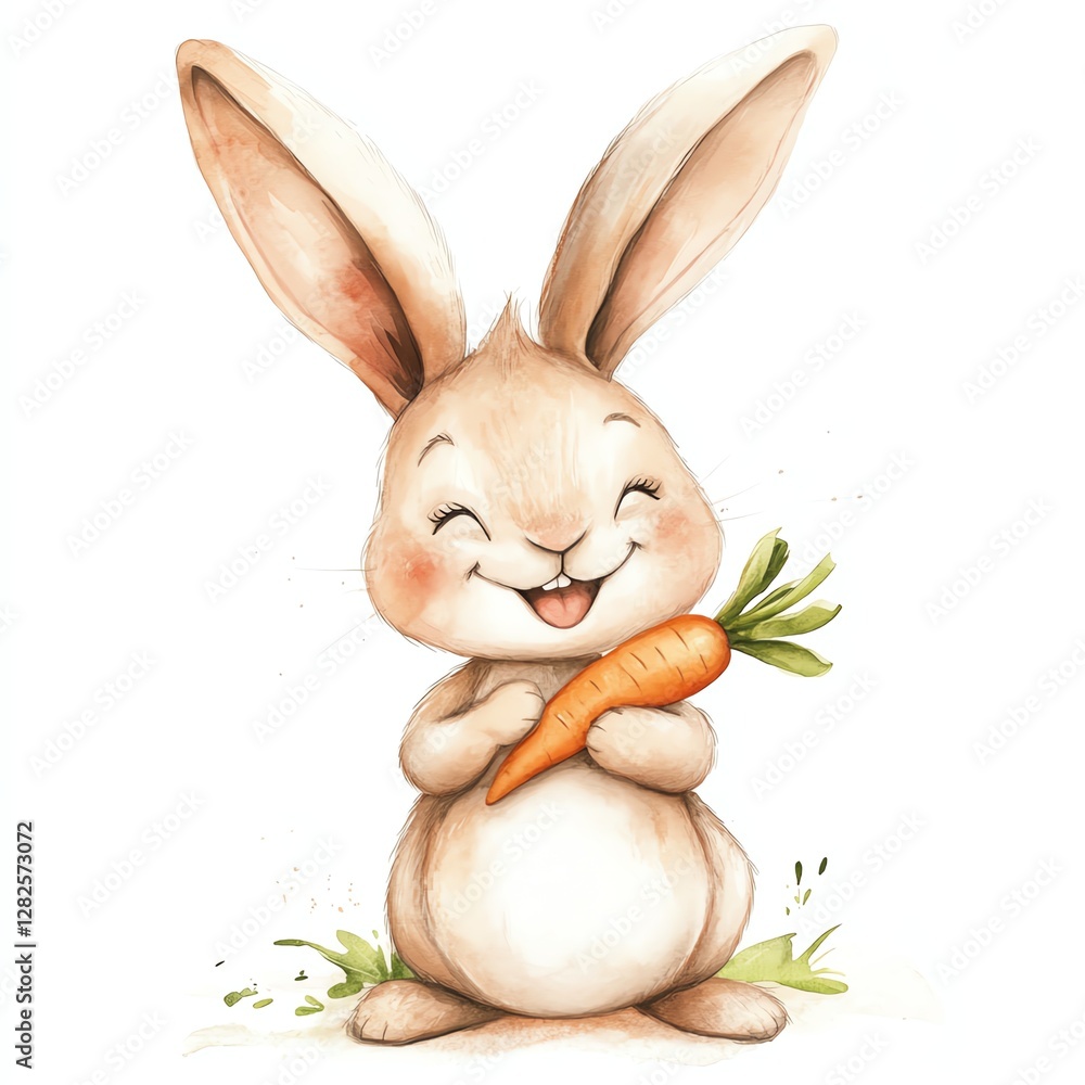 Obraz premium Happy bunny with big ears and carrot design for T-shirt POD print on demand on white background