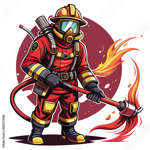 A courageous firefighter, clad in full protective gear, bravely confronts a blaze, gripping a powerful water hose, aiming a forceful stream.