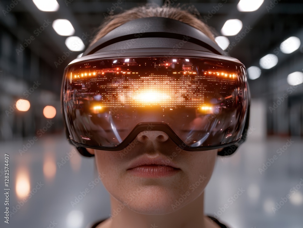 Person wearing a virtual reality headset with a digital display. Person wearing a virtual reality headset with a digital display.