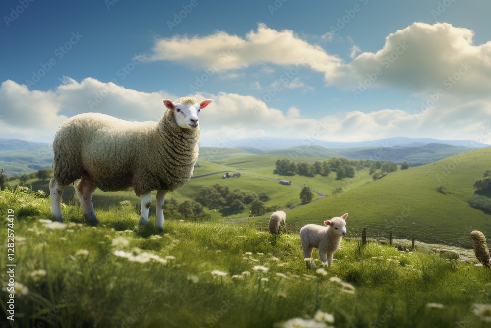 Fototapeta premium Sheep standing on hillside