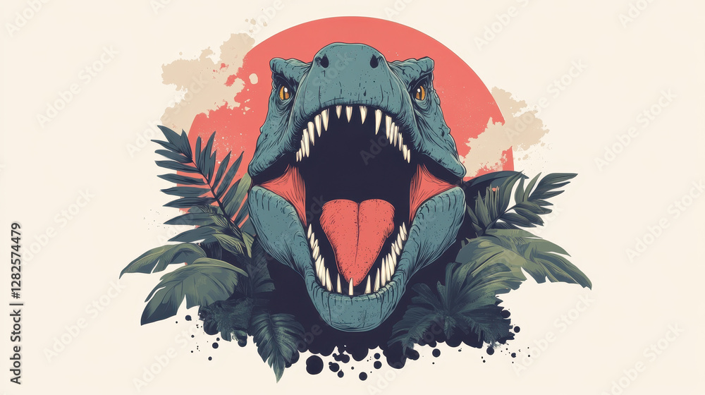 Naklejka premium Fierce Dinosaur Roaring with Tropical Foliage and Warm Background