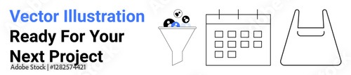 Funnel filtering icons, calendar scheduling graphic, and shopping bag outline for planning, e-commerce, time management, goal targeting, business growth, task tracking, flat landing page banner