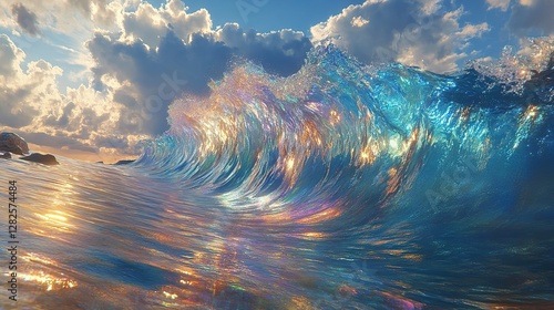 A powerful wave crashes with the sun shining through the water