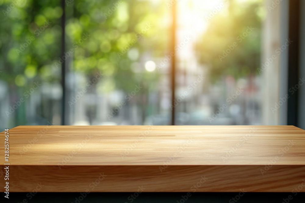 smooth wooden countertop with blurred background of greenery and sunlight creates warm and inviting atmosphere. Perfect for showcasing products or food smooth wooden countertop with blurred background of greenery and sunlight creates warm and inviting atmosphere. Perfect for showcasing products or food