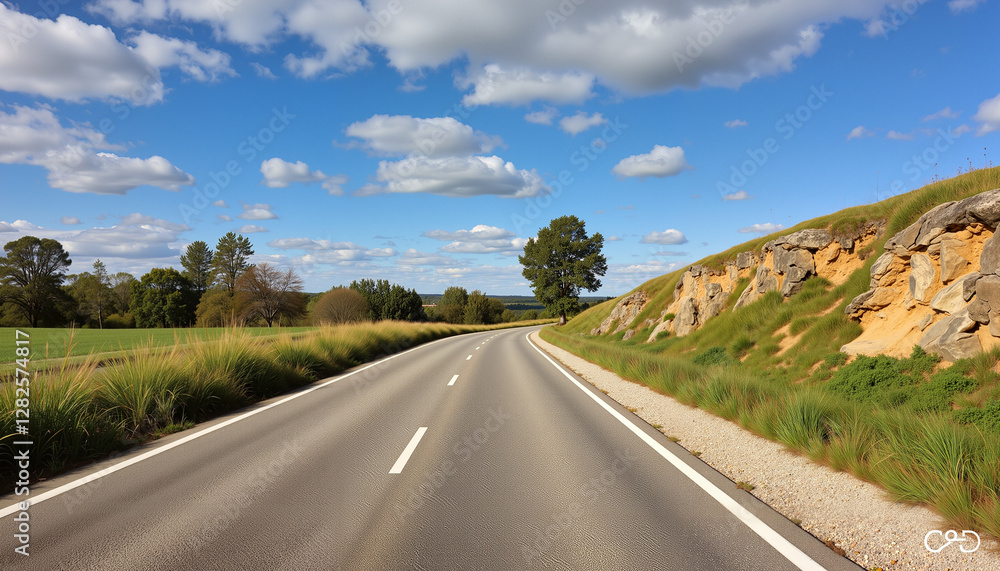Winding road through green landscape under clear blue sky, journey ahead Winding road through green landscape under clear blue sky, journey ahead
