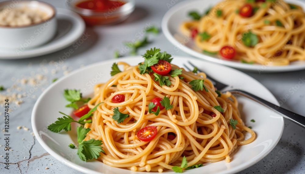 Delicious spaghetti topped with cherry tomatoes and herbs, culinary delight Delicious spaghetti topped with cherry tomatoes and herbs, culinary delight