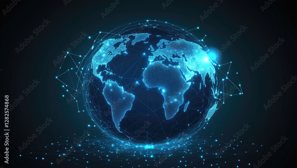 Global network connection glowing earth, dark background, digital illustration, website banner Global network connection glowing earth, dark background, digital illustration, website banner