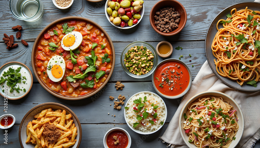 Delicious spread of various dishes on wooden table, culinary delight Delicious spread of various dishes on wooden table, culinary delight