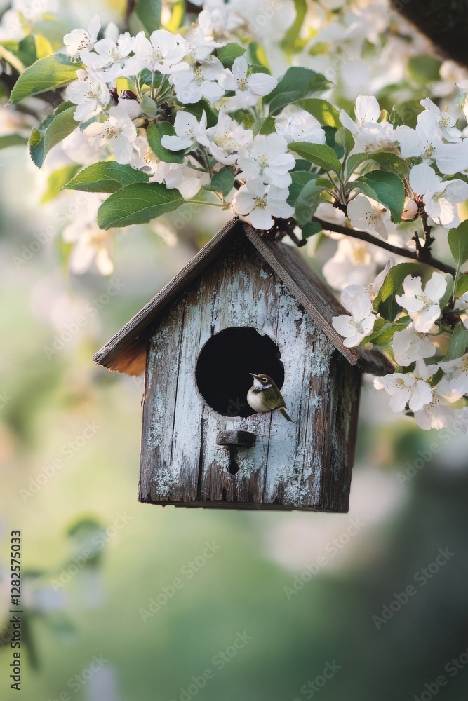 Fototapeta premium Birdhouse on flowering tree branch