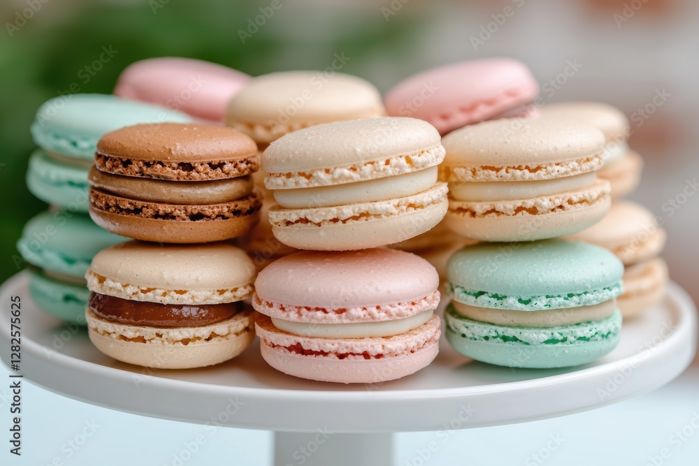 Colorful macarons stacked on a cake stand. Colorful macarons stacked on a cake stand.