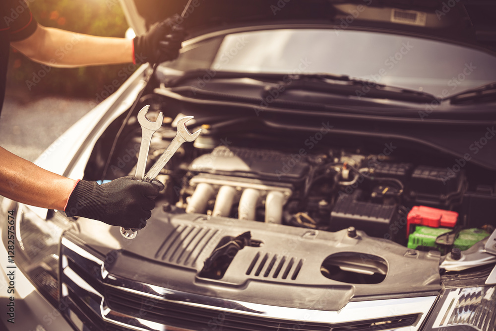 Obraz premium Car care maintenance servicing technician or auto mechanic holding wrench for fix service repairing change spare part engine problem or insurance support or range of car check or training workshop.