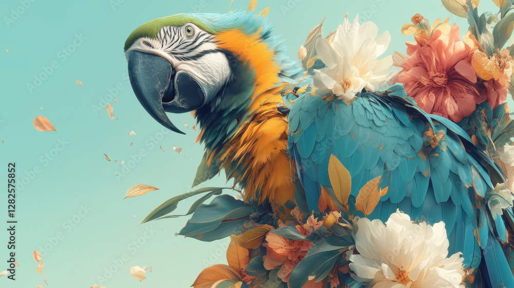 Obraz premium Colorful Macaw Bird with Flowers and Vibrant Background