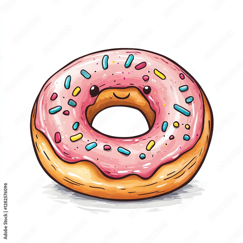 Sweet donut with sprinkles and a face design for T-shirt POD print on demand on white background Sweet donut with sprinkles and a face design for T-shirt POD print on demand on white background