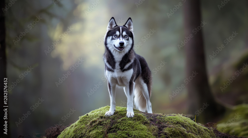 black and white husky standing proudly on mossy rock in serene forest. dog exudes confidence and beauty amidst lush greenery, creating captivating scene black and white husky standing proudly on mossy rock in serene forest. dog exudes confidence and beauty amidst lush greenery, creating captivating scene