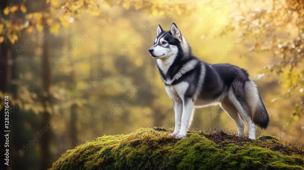 black and white husky standing proudly on mossy rock in serene forest. warm sunlight filters through trees, creating peaceful atmosphere black and white husky standing proudly on mossy rock in serene forest. warm sunlight filters through trees, creating peaceful atmosphere