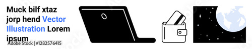Laptop in black silhouette, wallet with credit cards, globe against starry space backdrop. Ideal for technology, finance, global business, e-commerce, cyber security, digital content educational