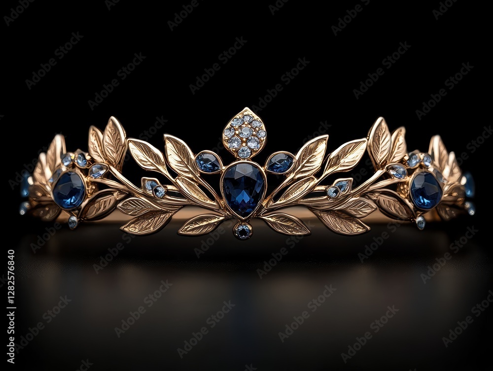 Fototapeta premium A golden tiara with blue gemstones on a black background.