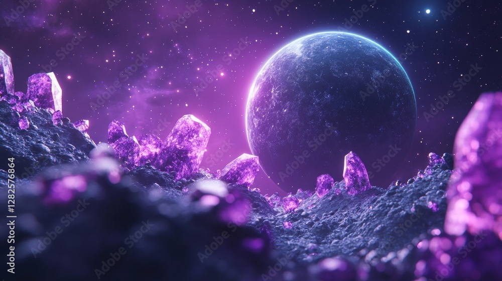 3d rendering, neon purple space background, abstract space illustration of planets with amethysts and crystals growing, percent, neon purple background, theme space, clear lines 3d rendering, neon purple space background, abstract space illustration of planets with amethysts and crystals growing, percent, neon purple background, theme space, clear lines
