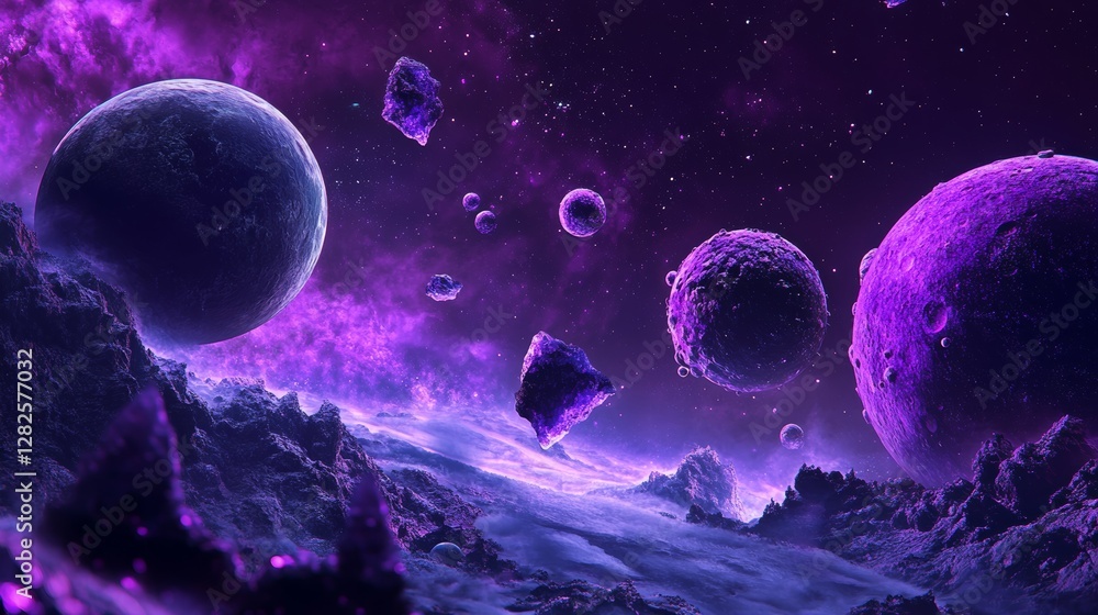 3d rendering, neon purple space background, abstract space illustration of planets with amethysts and crystals growing, percent, neon purple background, theme space, clear lines 3d rendering, neon purple space background, abstract space illustration of planets with amethysts and crystals growing, percent, neon purple background, theme space, clear lines