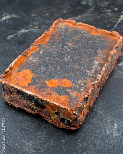 A heavily rusted metal brick on a dark surface. photo