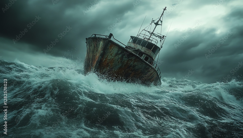 Fototapeta premium A battered refugee vessel struggling against the ocean s fury