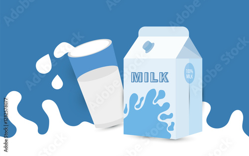 A milk box and a glass of milk and strong healthy hand icon with splash milk and light blue background