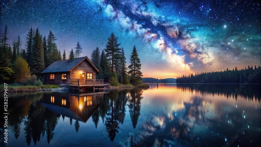 Fototapeta premium Cabin by serene lake with starry night sky reflected in calm waters, calm water
