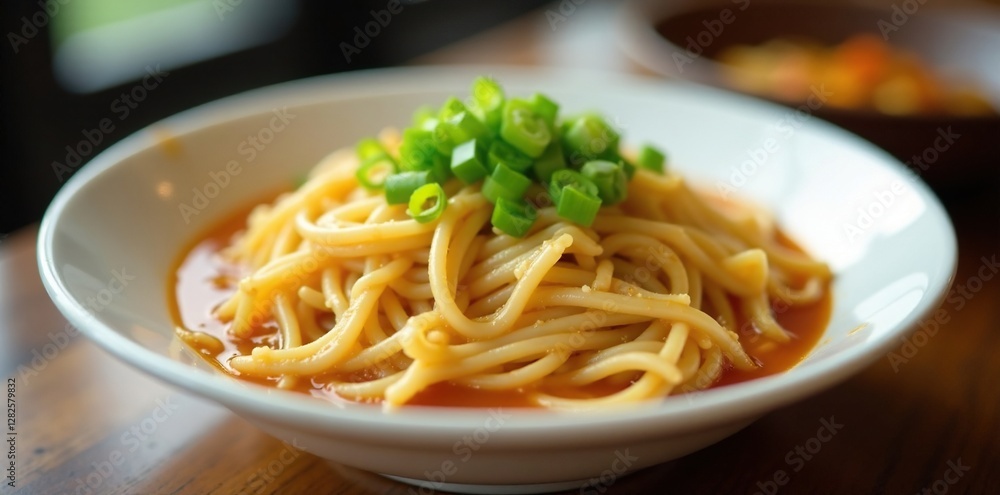 Steamed cheung fun with sesame oil and scallions in a white bowl, restaurant, scallions, rice noodle Steamed cheung fun with sesame oil and scallions in a white bowl, restaurant, scallions, rice noodle