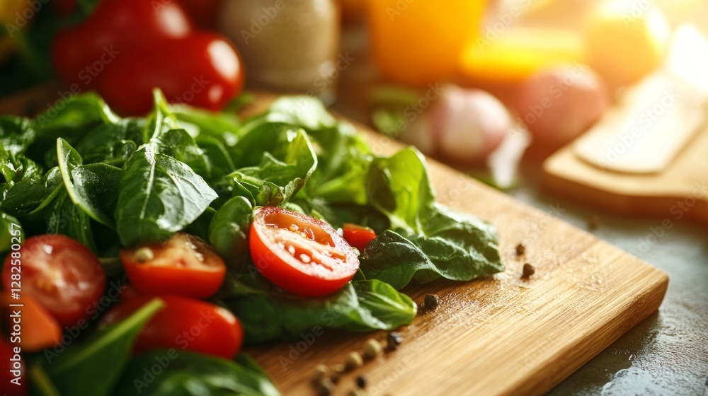Fresh spinach and cherry tomatoes prepared on a wooden cutting board in a well-lit kitchen setting during the late afternoon Fresh spinach and cherry tomatoes prepared on a wooden cutting board in a well-lit kitchen setting during the late afternoon
