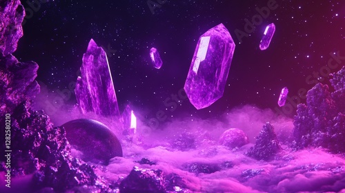 3d rendering, neon purple space background, abstract space illustration of planets with amethysts and crystals growing, percent, neon purple background, theme  space, clear lines