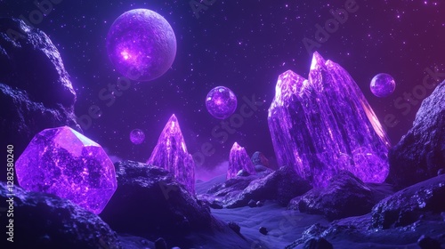 3d rendering, neon purple space background, abstract space illustration of planets with amethysts and crystals growing, percent, neon purple background, theme  space, clear lines