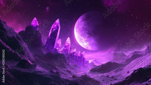 3d rendering, neon purple space background, abstract space illustration of planets with amethysts and crystals growing, percent, neon purple background, theme  space, clear lines